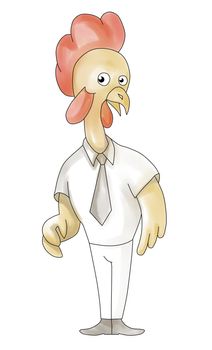 Illustration of a cartoon rooster chicken standing acting surprise with necktie on isolated white background