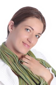 beautiful young a woman with scarf on white background