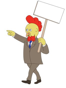 Illustration of a cartoon rooster chicken in business suit walking with a placard picket sign pointing a finger on isolated white background