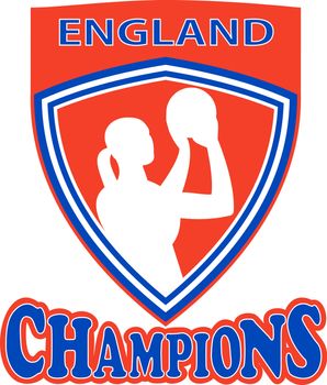 illustration of a netball player shooting ball set inside shield with words England Champions