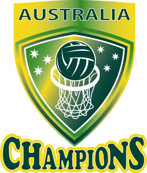 illustration of a netball ball and net hoop set inside shield with words Australia Champions