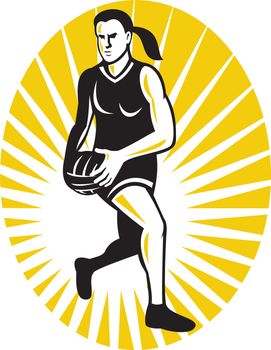 illustration of a netball player running with the ball set inside oval done in retro style