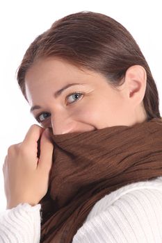 beautiful young a woman with brown scarf on white background