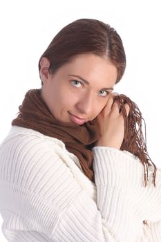 beautiful young a woman with brown scarf on white background