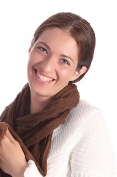 beautiful young a woman with brown scarf on white background