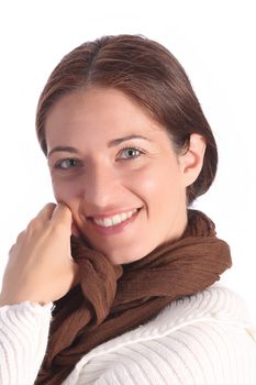 beautiful young a woman with brown scarf on white background