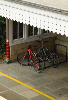Bicycles parked by passengers on one of the platforms at Kemble railway station
