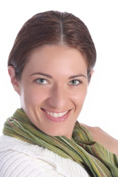 beautiful young a woman with scarf on white background