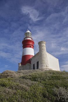 The Cape Agulhas lighthouse is situated at the southern most tip of Africa, built in the 1848. Southern tip of the African continent and dividing point between the Atlantic and Indian oceans in South Africa.
