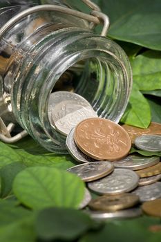 coins from various countries spilled out of a bottle onto the green leaves