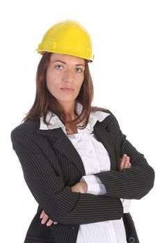 young businesswoman with helmet on white background