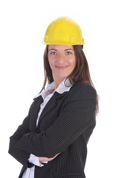 young businesswoman with helmet on white background