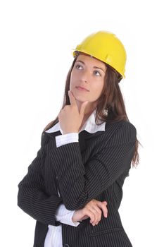 young businesswoman with helmet on white background