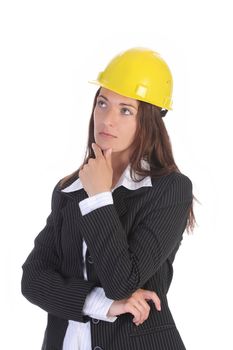 young businesswoman with helmet on white background