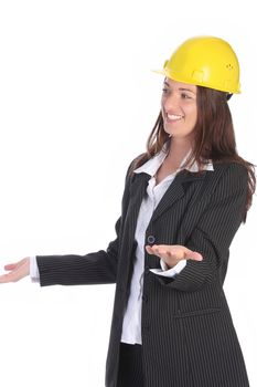 young businesswoman with helmet on white background