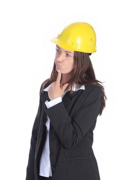 young businesswoman thinking with helmet on white background