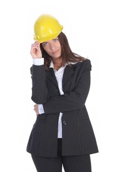 young businesswoman with helmet on white background