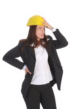 young businesswoman thinking with helmet on white background