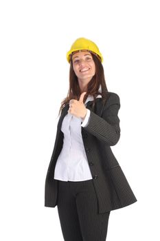 young businesswoman with helmet on white background