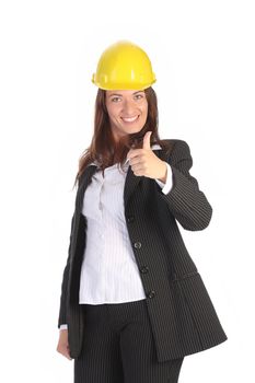 young businesswoman with helmet on white background