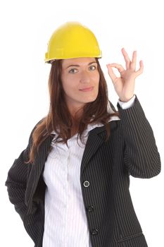 young businesswoman with helmet on white background