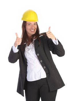 young businesswoman with helmet on white background