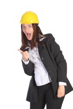 young businesswoman with helmet on white background