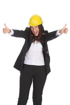 young businesswoman with helmet on white background