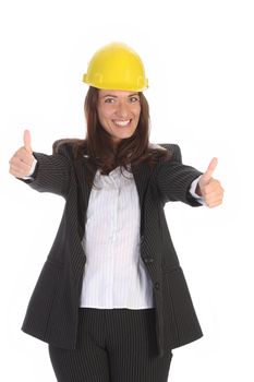 young businesswoman with helmet on white background