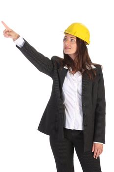 young businesswoman pointing up on white background