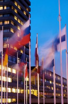 Groups of flags photographed at dusk in front of an office