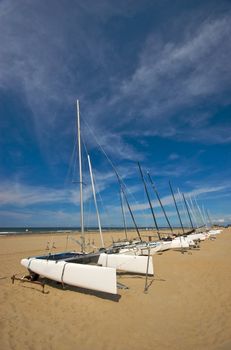 Catamaran vessels standing on a beach in Holland in summer