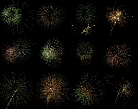 Collection of fireworks exploding in a night sky.