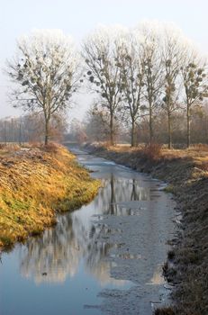 Countryside view with a canal in winter