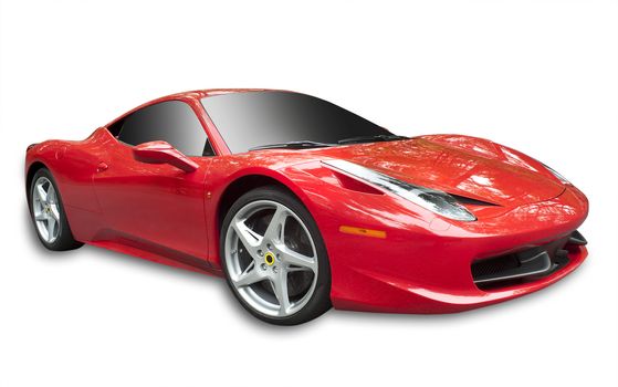 Sports car in red from Italy, isolated on white with shadow and clipping path