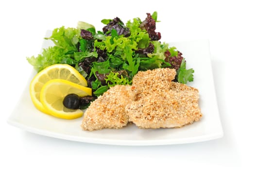 Chicken fillet in sesame mixture with lettuce on a white background