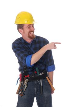 An construction worker tittering on white background