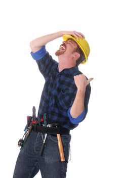 An construction worker tittering on white background