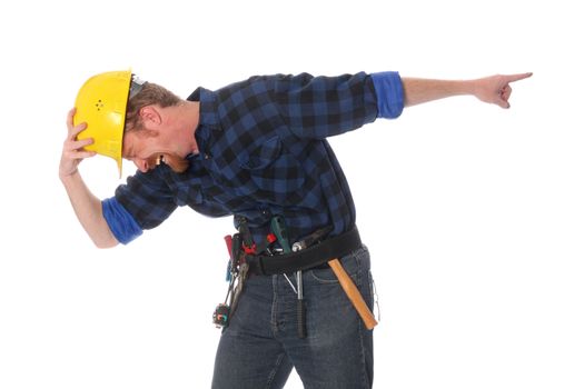 An construction worker tittering on white background