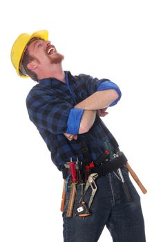 An construction worker tittering on white background