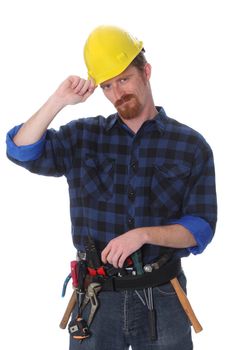 construction worker with helmet on white background