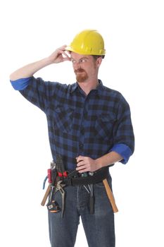 construction worker thinking with helmet on white background