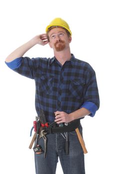 construction worker thinking with helmet on white background