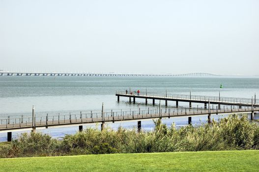 Fisher mans in a pontoon over the river Tagus, Portugal