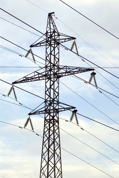 A power transmission pole, view from below