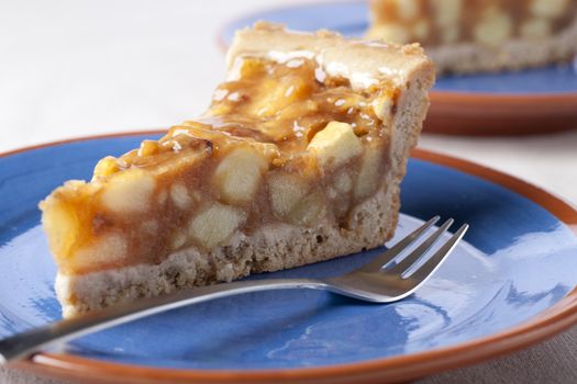 Slice of fresh homemade apple pie on blue plate with small fork