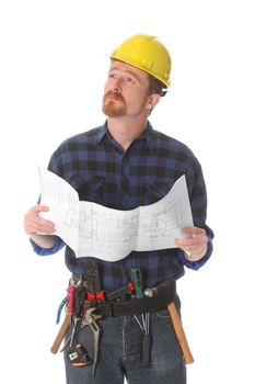 construction worker wonderfully looking up with architectural plans