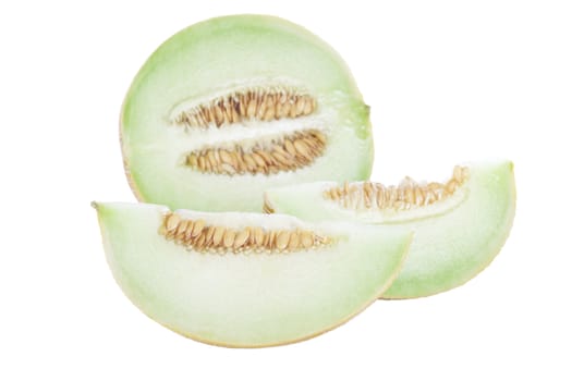 Slices of honeyduw melon with white background