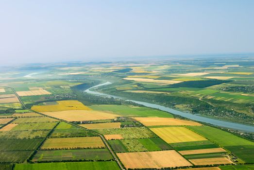 Air view, birds eye view of the fields and hills