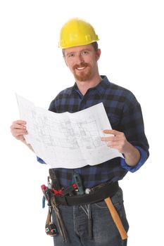 construction worker with architectural plans on white background